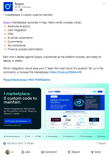 Syspro LinkedIn post: Marketplace launch