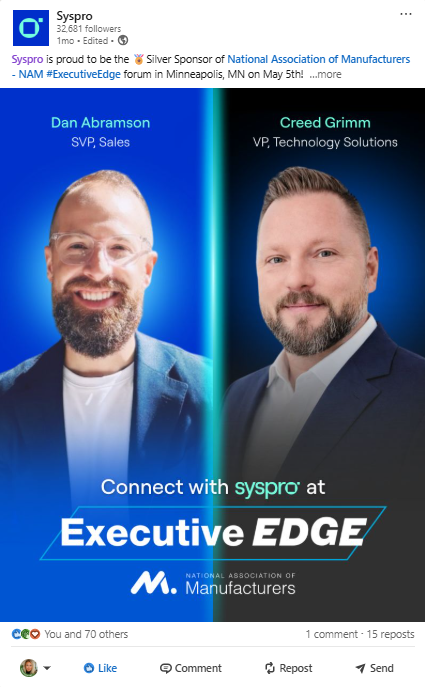 Syspro LinkedIn post: NAM Executive Edge sponsorship