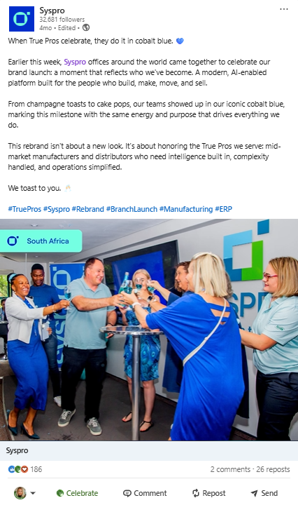 Syspro LinkedIn post: rebrand launch celebration